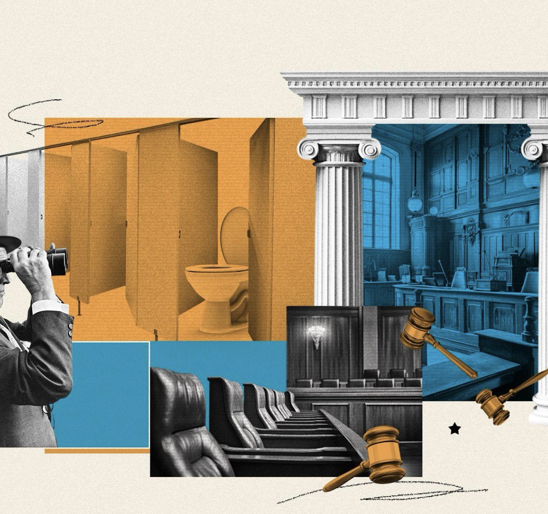 Editorial still life of newspapers and a gavel for law and politics writing.
